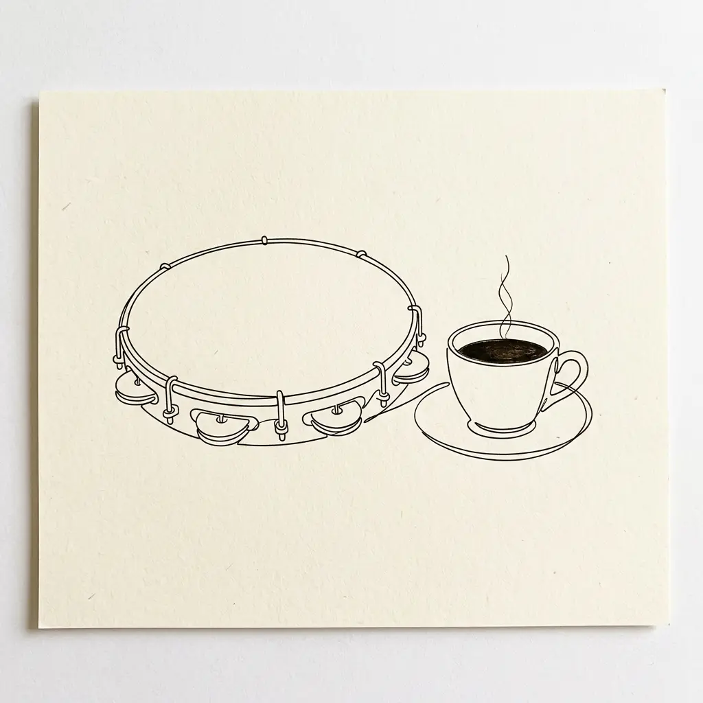 Line art — pandeiro & café