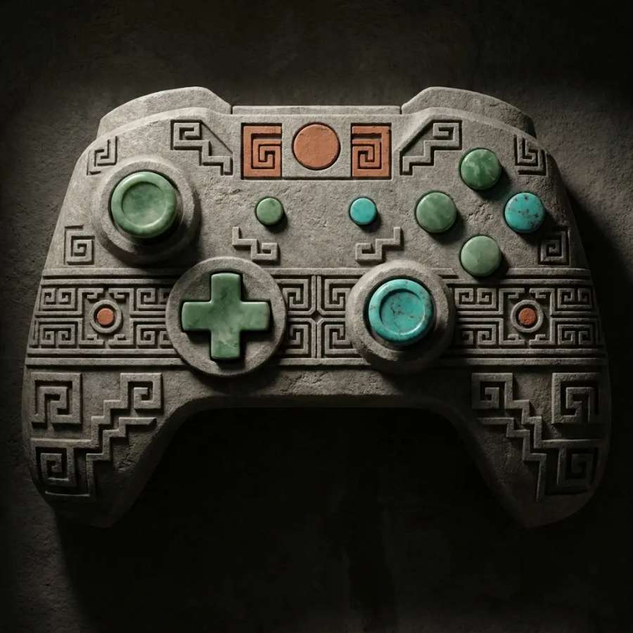Controle de videogame como relevo de pedra mesoamericano