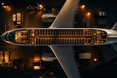 Corte transversal 3D de um avião comercial
