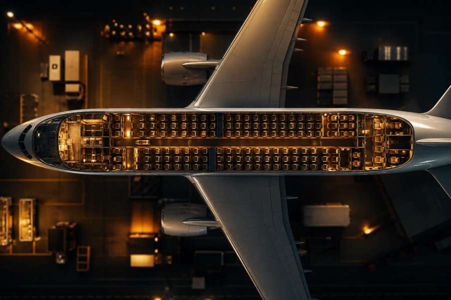 Corte transversal 3D de um avião comercial