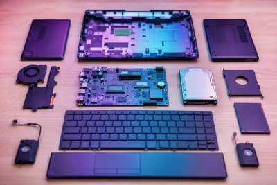 Notebook desmontado em split-screen