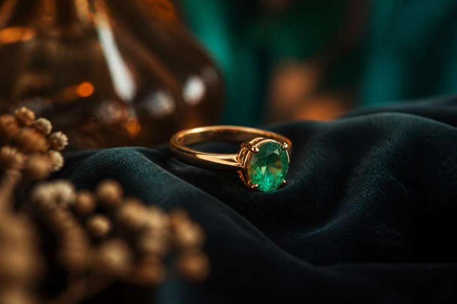 Anel de ouro genérico com pedra verde sobre veludo escuro, macro com reflexos nítidos