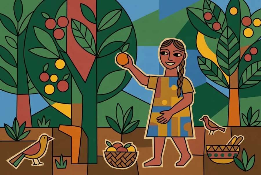 Paisagem tropical modernista — colheita de frutas