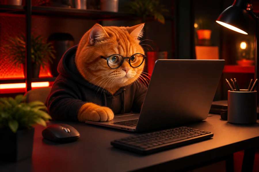 Gato laranja programador em 3D estilo animação
