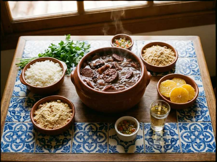 Comida brasileira em mesa de azulejo