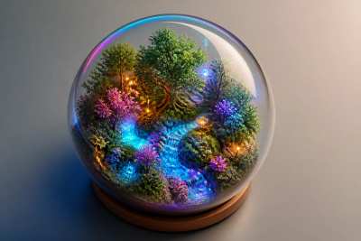 Diorama 3D flutuante em esfera de vidro