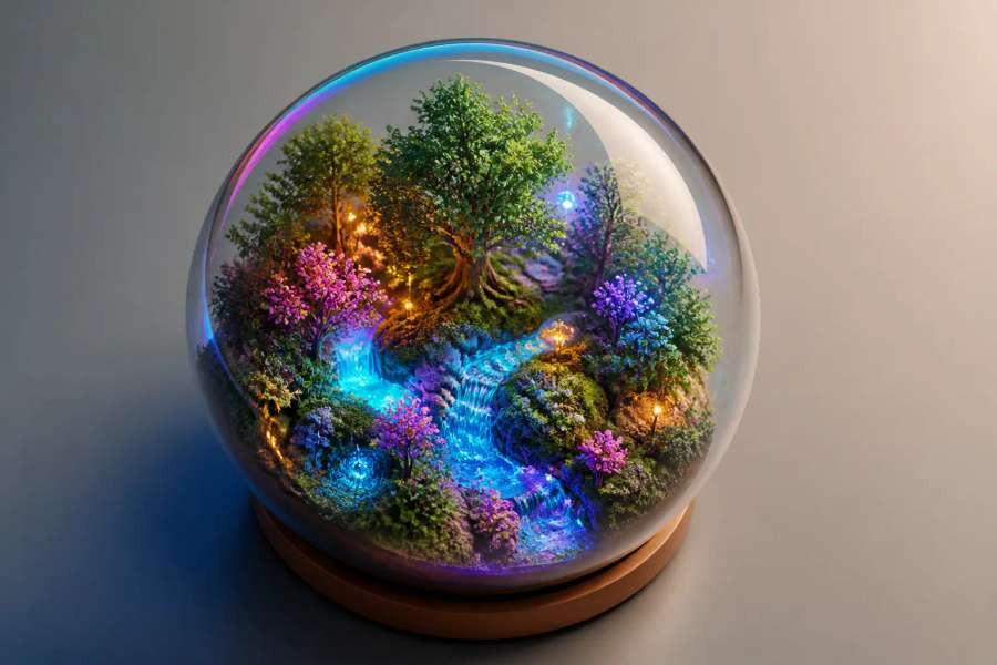 Diorama 3D flutuante em esfera de vidro