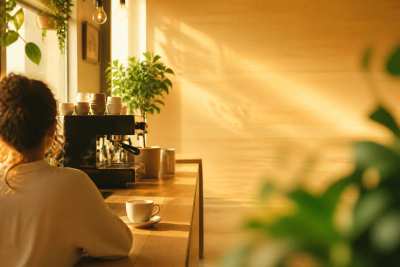 Balcão de cafeteria aconchegante com máquina e plantas, luz quente, interior