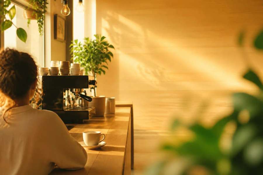 Balcão de cafeteria aconchegante com máquina e plantas, luz quente, interior