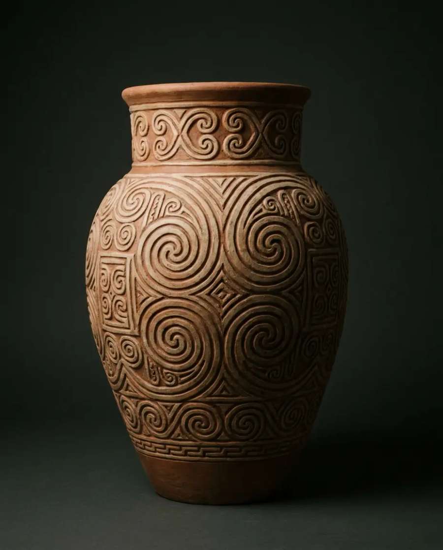 Vaso monumental marajoara, terracota e creme