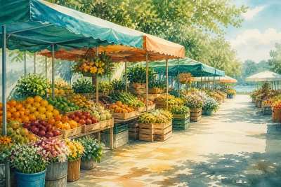 Feira livre em aquarela ilustrada