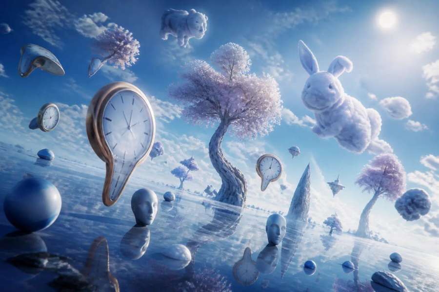 Paisagem surreal de sonho com objetos flutuantes