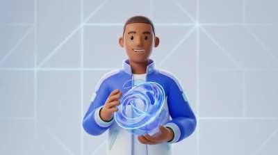 Apresentador em render 3D limpo com ícone de play abstrato