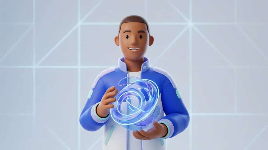 Apresentador em render 3D limpo com ícone de play abstrato