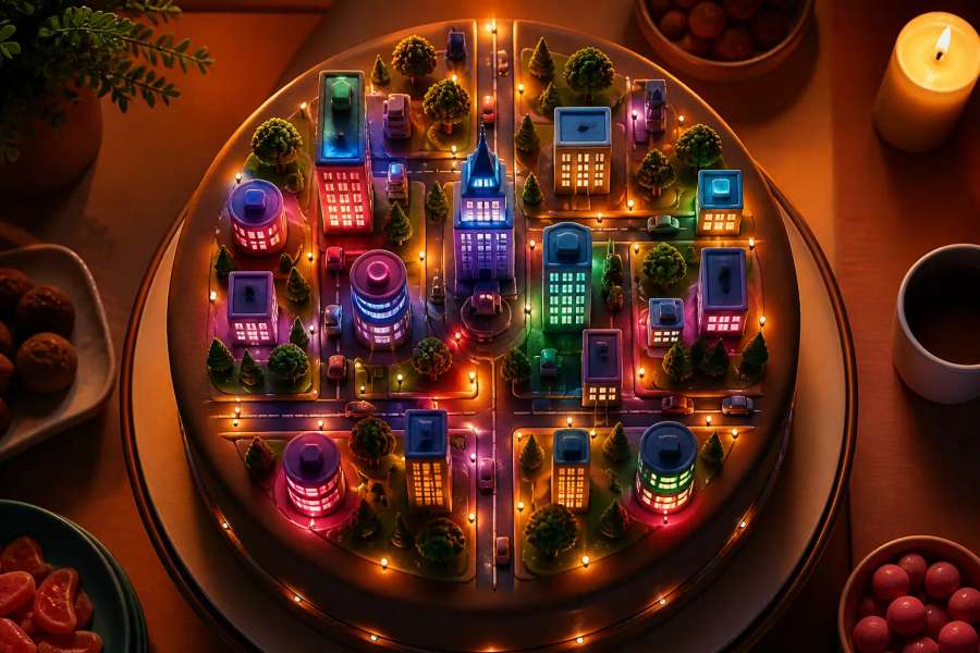 Cidade em miniatura sobre bolo — diorama isométrico 3D