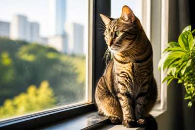 Retrato de um gato malhado de olhos verdes em janela com luz suave, fundo desfocado
