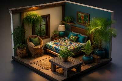 Quarto isométrico miniatura em estilo 3D com móveis tropicais e plantas, cores vibrantes