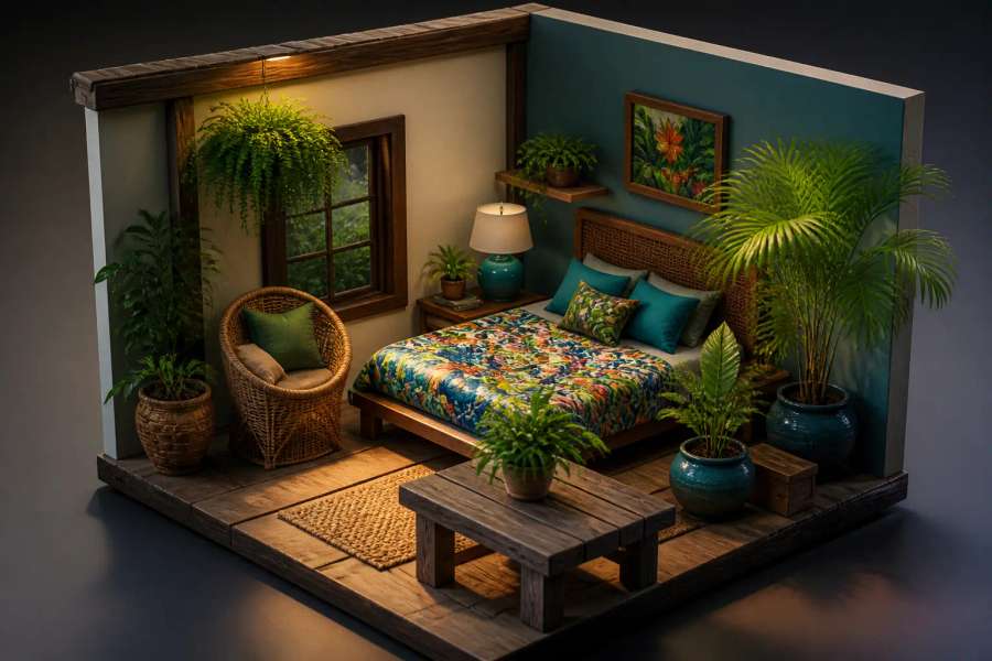 Quarto isométrico miniatura em estilo 3D com móveis tropicais e plantas, cores vibrantes