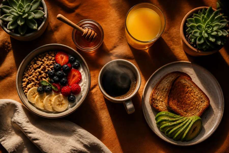 Café da manhã com personagens em mídias mistas