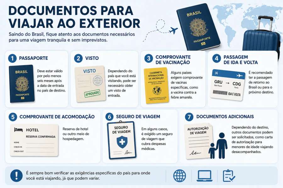 Que documentos eu preciso pra viajar pro exterior (saindo do Brasil)