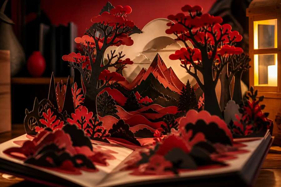 Ilustração de livro pop-up em camadas de papel