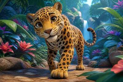 Personagem mascote de onça-pintada estilizada em 3D, expressão simpática, fundo tropical