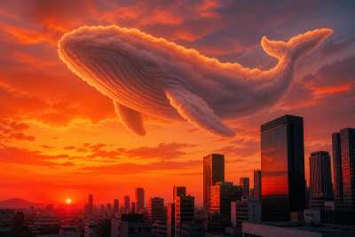Baleia de nuvens navegando sobre a cidade