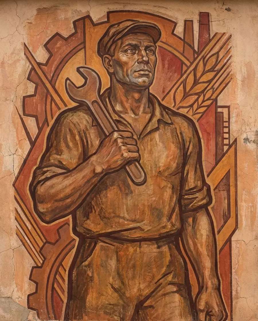 Retrato muralista — trabalhador anônimo heroico