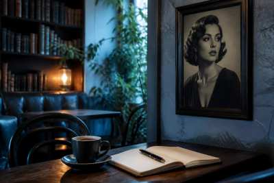Retrato em café retrô com moldura de revista