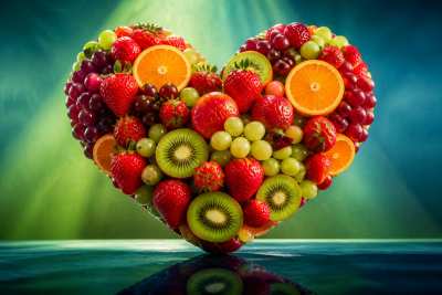 Arte publicitaria com frutas formando um coracao