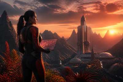 Concept art de exploradora futurista