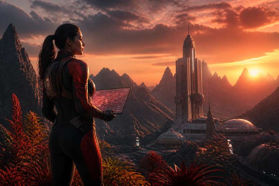 Concept art de exploradora futurista
