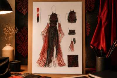 Ficha de conceito de moda desenhada à mão