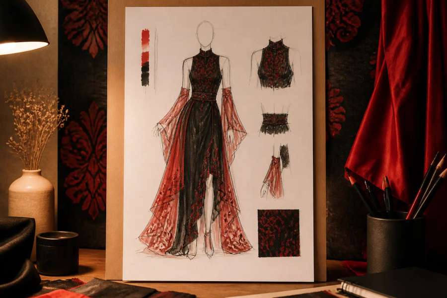 Ficha de conceito de moda desenhada à mão