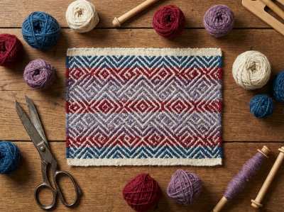 Flat-lay de artesanato têxtil — tecelagem em tons naturais