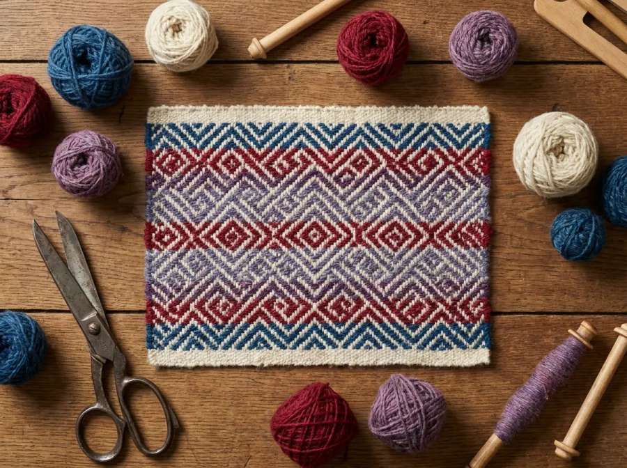 Flat-lay de artesanato têxtil — tecelagem em tons naturais