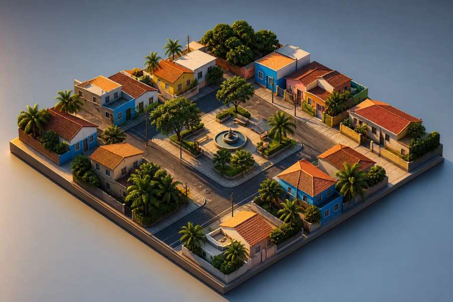 Mapa isométrico de um bairro brasileiro em maquete 3D