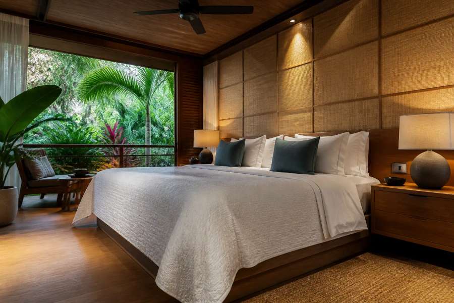 Quarto de hotel boutique tropical com cama ampla e varanda para vegetação, interior