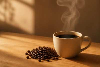 Xícara de café especial coado com grãos torrados ao lado, vapor e luz da manhã