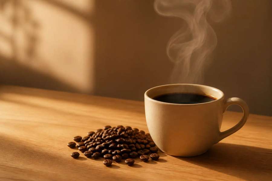 Xícara de café especial coado com grãos torrados ao lado, vapor e luz da manhã
