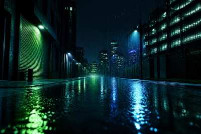 Rua chuvosa cinematografica com neon refletido