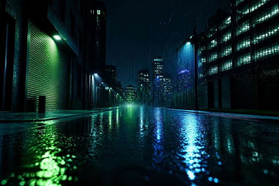 Rua chuvosa cinematografica com neon refletido
