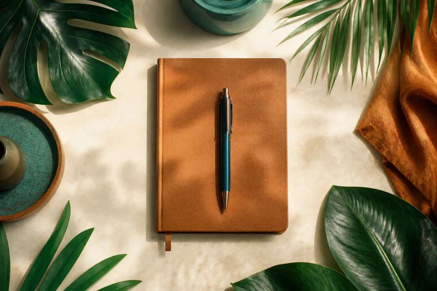 Flat-lay de papelaria com caderno e caneta genéricos, folhas tropicais, tons terrosos