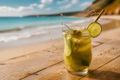 Copo de mate gelado com limão e gelo, respingos frescos, praia desfocada
