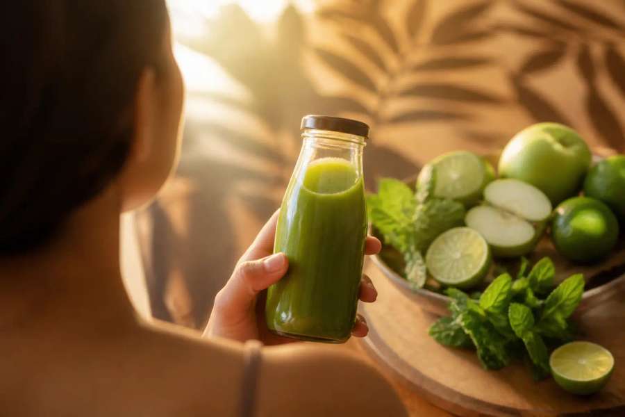 Garrafa de suco verde detox com frutas e folhas frescas, luz natural