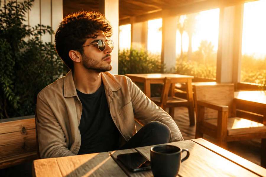 Look de rua em terraco de cafe