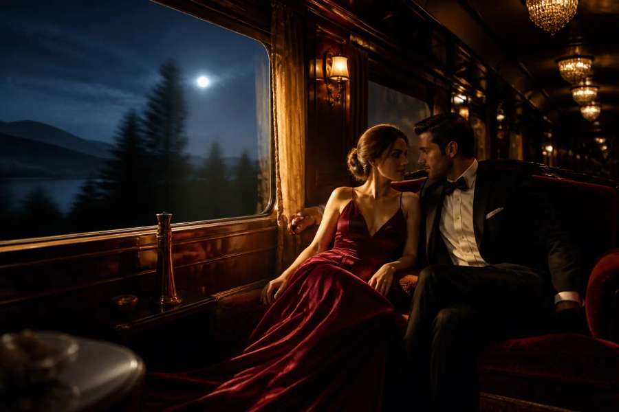 Retrato noir de casal — vagão de trem noturno