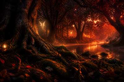 Cena de fantasia epica com floresta encantada