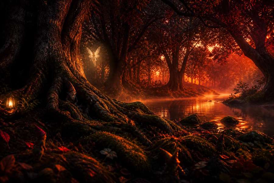 Cena de fantasia epica com floresta encantada