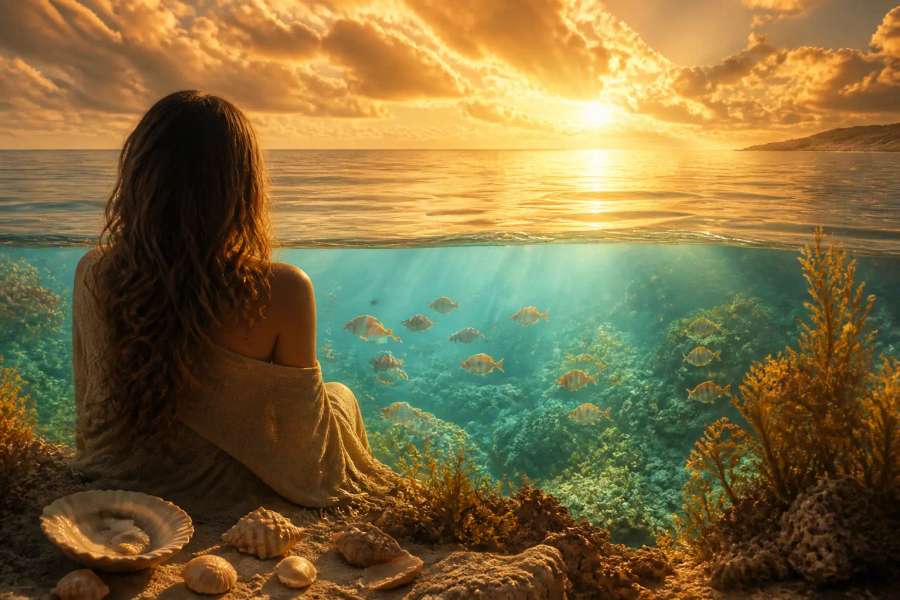 Cena dividida surreal: mundo submerso e ceu